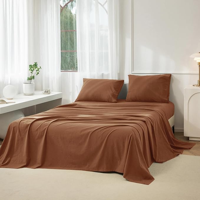 JIYUAN Twin Size Sheet Set, 3-Piece - 100% Washed Cotton, Linen-Like Soft & Breathable, Includes Deep Pocket Fitted & Flat Sheet with 1 Pillowcases, Hotel Quality, Solid Dark Orange