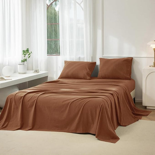 JIYUAN Twin Size Sheet Set, 3-Piece - 100% Washed Cotton, Linen-Like Soft & Breathable, Includes Deep Pocket Fitted & Flat Sheet with 1 Pillowcases, Hotel Quality, Solid Dark Orange