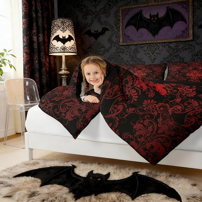 Erosebridal Gothic Damask Bed in a Bag King Size Comforter Set 7 Pieces,Exotic Moth Bedding Sets Red Black Victorian Floral Goth Sheet Set with Comforter