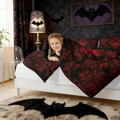 Erosebridal Gothic Damask Bed in a Bag King Size Comforter Set 7 Pieces,Exotic Moth Bedding Sets Red Black Victorian Floral Goth Sheet Set with Comforter