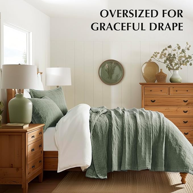 EVERGRACEHOME Stonewashed Cotton Quilt Set King Size, Ultra Soft Oversized Bedspread Coverlet Set, Lightweight Crinkle Box Stitch Bedding Sets for All Season, with 2 Shams, Olive Green