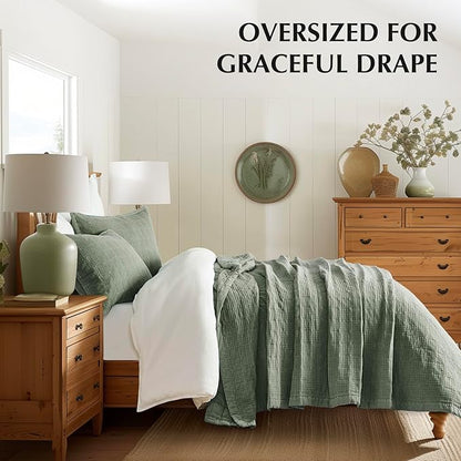 EVERGRACEHOME Stonewashed Cotton Quilt Set King Size, Ultra Soft Oversized Bedspread Coverlet Set, Lightweight Crinkle Box Stitch Bedding Sets for All Season, with 2 Shams, Olive Green