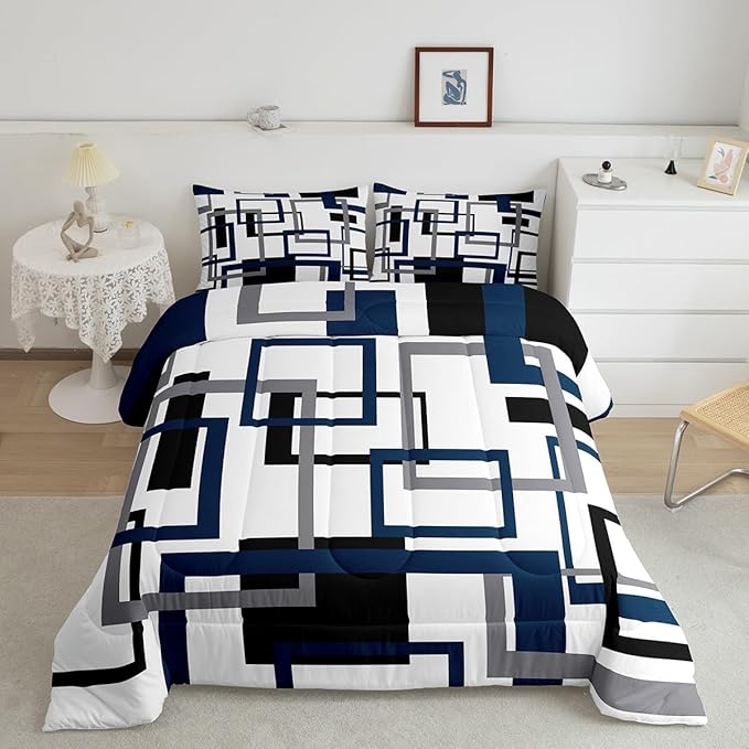 Erosebridal Square Comforter for Kids Boys Girls,Black and Grey White Navy Blue Bedding Set,Geometric Quilt Set Queen,Fashion 3D Grid Striped Duvet Insert with 2 Pillowcases Lightweight
