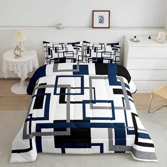 Erosebridal Square Comforter for Kids Boys Girls,Black and Grey White Navy Blue Bedding Set,Geometric Quilt Set Queen,Fashion 3D Grid Striped Duvet Insert with 2 Pillowcases Lightweight