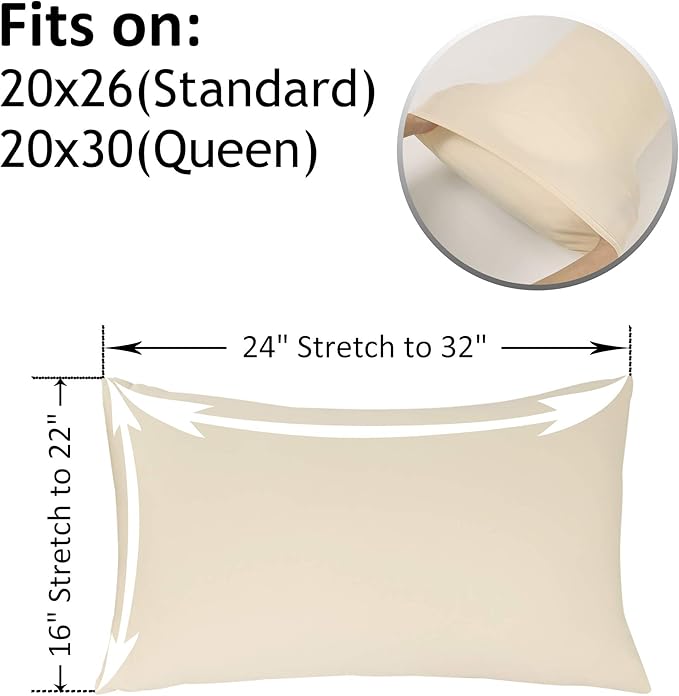 2-Pack Stretch Pillow Cases - Jersey Knit & Ultra Soft Envelope Closure Pillowcases T-Shirt Like Microfiber Blend - Suitable for Queen or Standard Size Set of 2, Beige