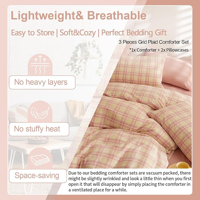 EAVD Vintage Style Gingham Comforter Set Queen Soft 100% Washed Cotton Retro Yellow&Pink Grid Checkered Bedding Set with 2 Pillowcases Reversible Geometric Plaid Comforter Set for All-Season