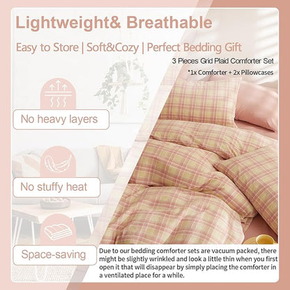 EAVD Vintage Gingham Comforter Set Full Soft 100% Washed Cotton 3-Piece Pink Yellow Grid Plaid Checkered Pattern Bedding Set with 2 Pillowcases Retro Reversible Geometric Comforter Set for All-Season