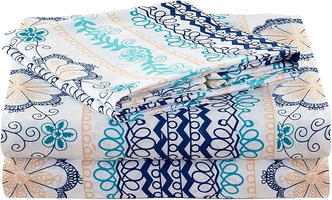 JSD Blue Boho Printed Sheet Set Queen Size, 4 Piece Soft Floral Microfiber Sheets Extra Deep Pocket