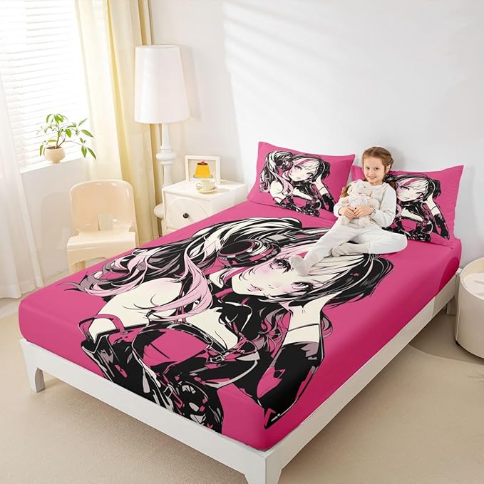 Pink Anime Girls Bedding Set Cartoon Japanes-Style Fitted Sheet Queen, Graffiti Street Culture Bed Sheets for Kids Teens Youth Watercolor Hippie Style Sheets 3Pcs, No Top Sheet