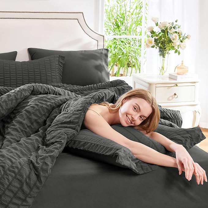 CozyLux King Size Comforter Set Dark Grey Seersucker 7 Pieces Bed in a Bag King Comforter Set with Sheets, Dark Gray Luxury Bedding Sets with Down Alternative Comforter, Sheets, Pillowcases & Shams