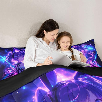 Erosebridal 3D Anime Kids Bedding | Japanese Girl Full Comforter Sets,Girly Galaxy Stars Comforter Purple Neon Duvet Insert with 2 Pillow Cases