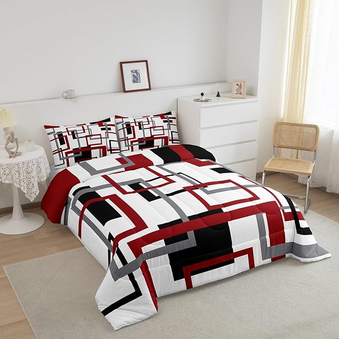 Erosebridal Square Comforter Set for Teens Youth,Black White Red Bedding Set,Geometric Quilt Set Modern Bedroom Decor,Mid Century Grid Duvet Insert with 1 Pillowcase All Season,Twin