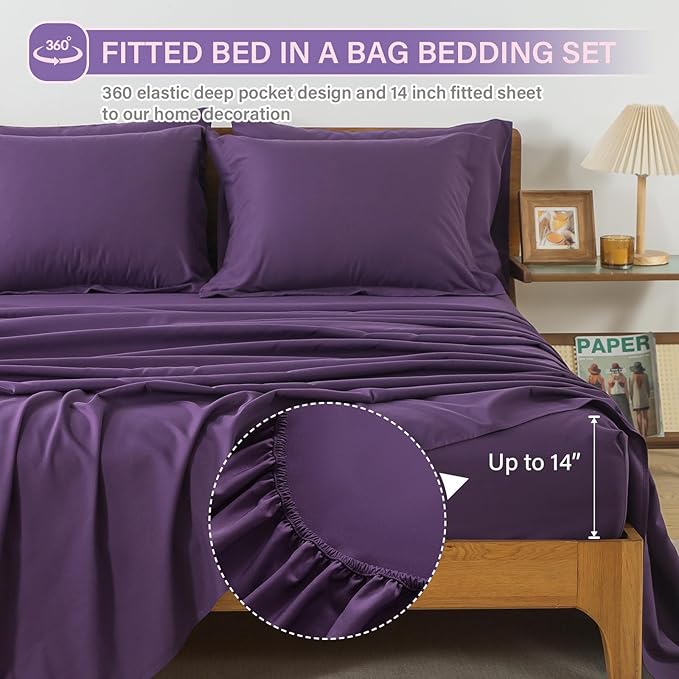 Cosybay Bed in a Bag King Comforter Sets 7pcs All Season Solid Down Alternative Bedding Sets Purple with Comforter, Pillow Shams, Flat Sheet, Fitted Sheet and Pillowcases