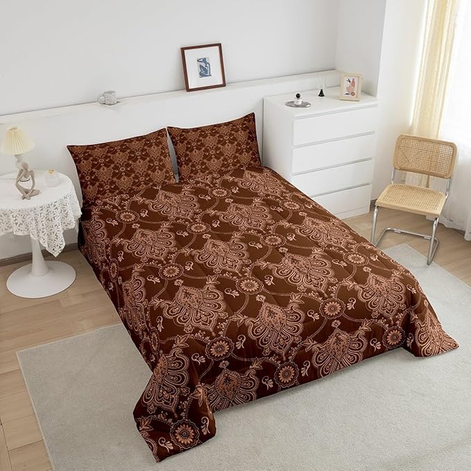 Feelyou Adults Brown Vintage Damask Floral Comforter Set Antique Drawing Classical Paisley Comforter Twin Size Gothic Bohemia Boho Floral Bedding Set Hotel Style Duvet Set Quilt Set 2Pcs
