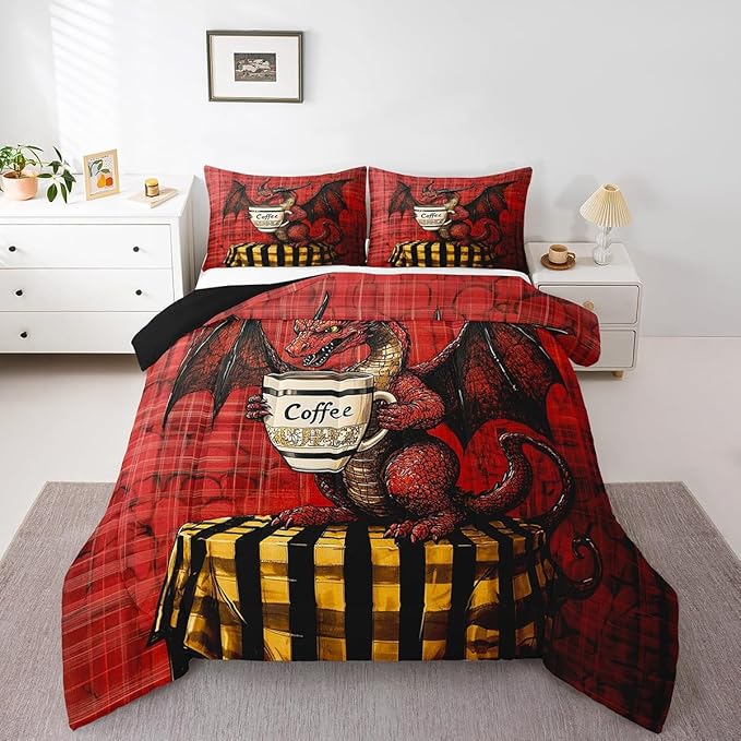 Feelyou Dragon Comforter Set King Size Dragon Stuff Comforter for Boys Girls Teens Wild Life Bedding Set Coffee Duvet Set Room Decor Red Quilt Set