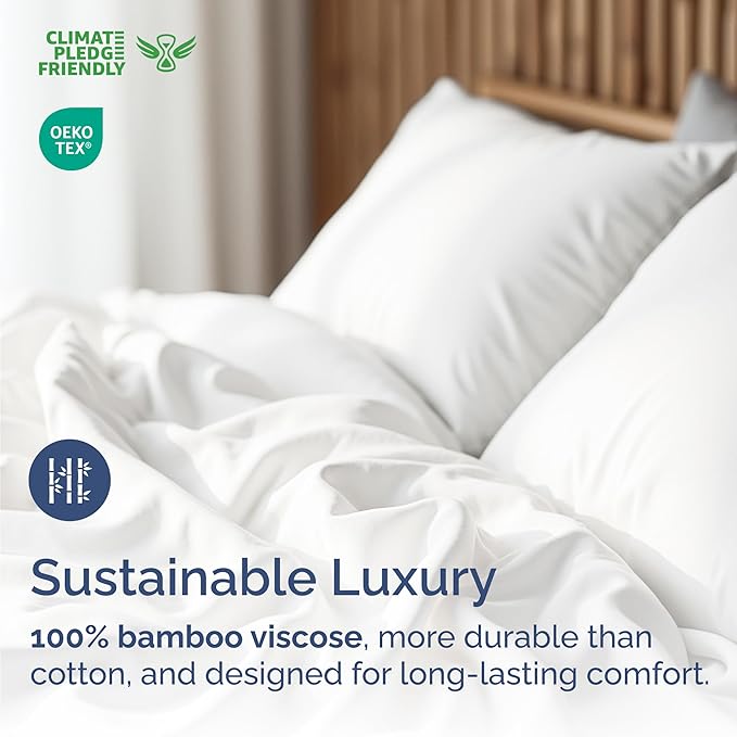 100% Rayon Derived From Bamboo - Bamboo Sheets Twin Size - Cooling Sheets for Twin - Ultra Soft, Breathable & Hotel Luxury Bedding - 1 Flat & 1 Fitted & 1 Pillowcase w/ 16 Inch Deep Pockets - White