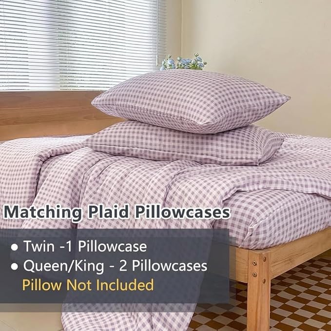 NSNLGSGC Queen Comforter Set, Purple Gingham Bedding Comforter Sets, Purple Grid Bed Comforter 3 Pieces (1 Comforter, 2 Pillowcases)