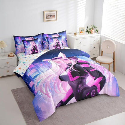 Erosebridal King Anime Girl Bedding Set 7 Piece, Kawaii Japanese Anime Comforter Sets Cartoon Girl Sheet Set Sci Fi Style Japanese Animation Bed in A Bag for Kids Girls Teens Adult Women Room