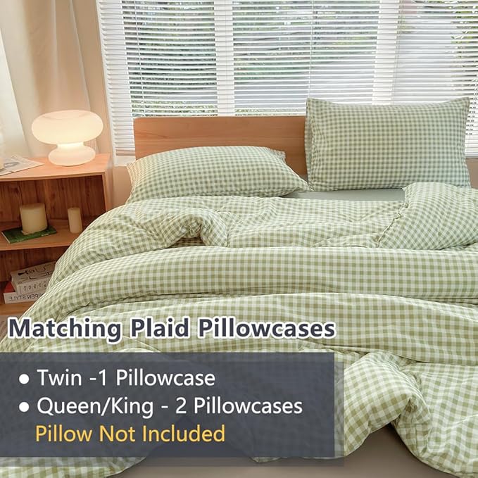 NSNLGSGC King Size Comforter Set, Sage Green Gingham Bedding Comforter Sets, Green Grid Bed Comforter 3 Pieces (1 Comforter, 2 Pillowcases)