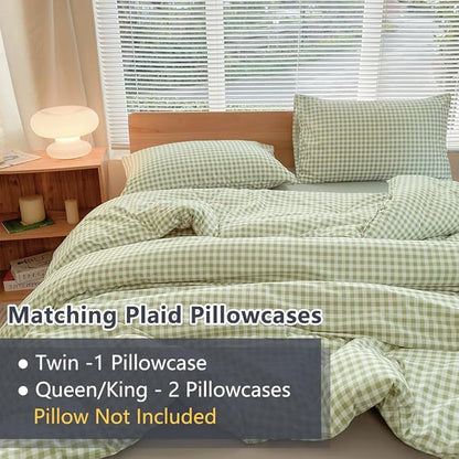 NSNLGSGC King Size Comforter Set, Sage Green Gingham Bedding Comforter Sets, Green Grid Bed Comforter 3 Pieces (1 Comforter, 2 Pillowcases)