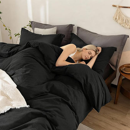 Black Duvet Cover Super Queen Size 100% Washed Cotton Bedding Set Cover 1 Duvet Cover with Zipper Closure and 2 Pillowcases, 98inch x 90inch