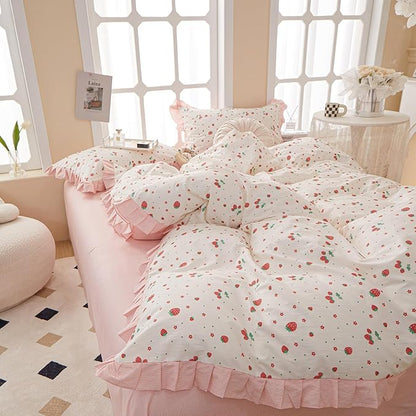 HighBuy Strawberry Full Comforter Set Cute Ruffle Bedding Comforter with 2 Pillowcases Fluffy Kawaii Bedding Sets Full Girl Ruffled Comforter Sets for All Season,Lightweight