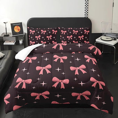 Pink Cute Bow Comforter Set for Girls,Full Size Pink Bowknot and Stars Comforter,Colorful Bedding for Kids Boys Girls,Girly Kawaii Princess Themed Quilt Set 1 Comforter 2 Pillowcases