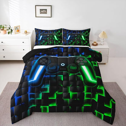 Erosebridal Gamer Boys Queen Bedding Sets Gaming Comforter Set for Kids Teen Men,3D Neon Lights Ombre Geometric Checkered Gamepad Bed Comforter Set Soft Lightweight Quilt Duvet,Green Indigo Blue