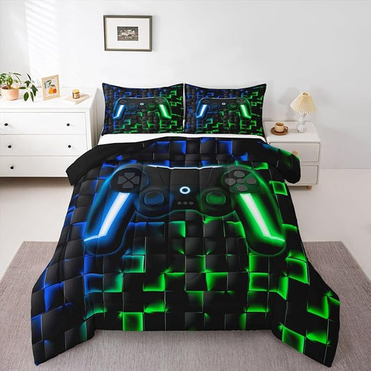 Erosebridal Gamer Boys Queen Bedding Sets Gaming Comforter Set for Kids Teen Men,3D Neon Lights Ombre Geometric Checkered Gamepad Bed Comforter Set Soft Lightweight Quilt Duvet,Green Indigo Blue