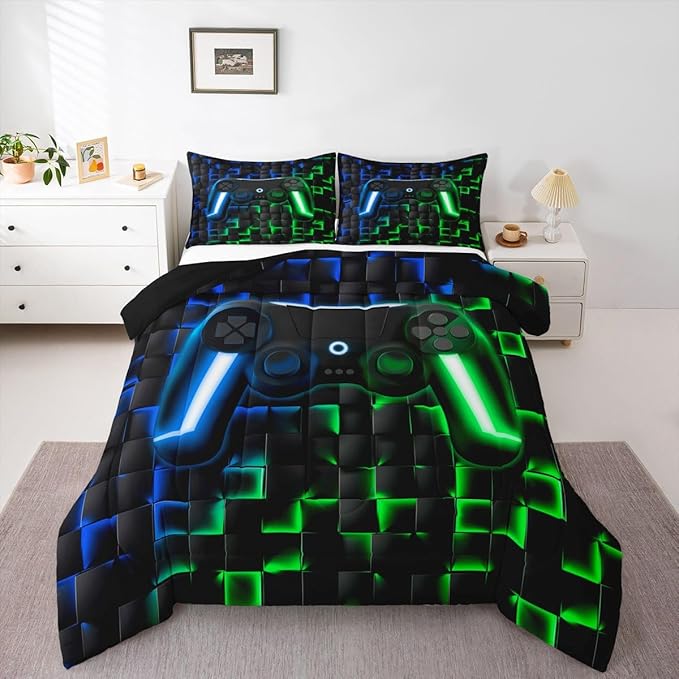 Erosebridal Gamer Boys King Bedding Sets Gaming Comforter Set for Kids Teen Men,3D Neon Lights Ombre Geometric Checkered Gamepad Bed Comforter Set Soft Lightweight Quilt Duvet,Green Indigo Blue