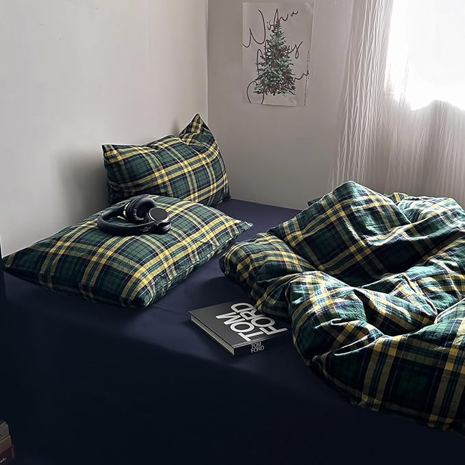 MKXI Twin XL Size Forest Green & Mustard Yellow Plaid Duvet Cover Set, 3 Piece All Season Washed Cotton Bedding, Vintage Preppy Style Rustic Outdoor Bed Set with Zipper Closure & Corner Ties