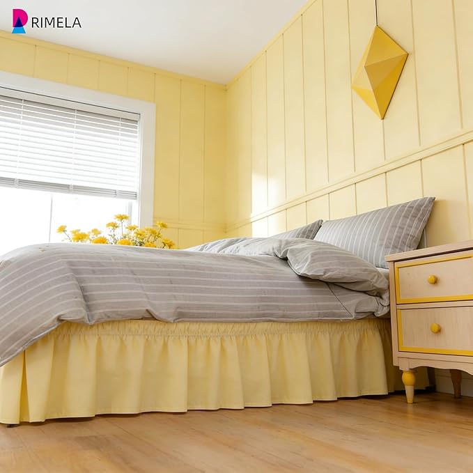 RIMELA Bed Skirt Queen Size 14 Inch Drop, Wrap Around Elastic Bedskirt Solid Microfiber Luxury Hotel Quality Fabric, Easy to Install Machine Washable Wrinkle & Fade Resistant, Light Yellow