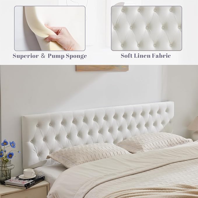 Tufted Upholstered Queen Size Bed Headboard in Modern Button Design, Adjustable Solid Wood Head Board, Premium Velvet Fabric Padded Headboards in Bedroom (White)