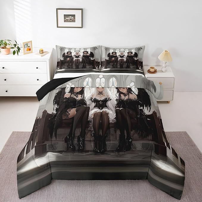Erosebridal Japanese Anime King Size Bedding Set, Anime Girl Comforter Set Kawaii Japanese Style Duvet Insert Cartoon Japan Animation Quilt for Boys Youth Teens Adult Women Bedroom Decor