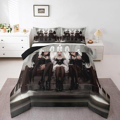 Erosebridal Japanese Anime King Size Bedding Set, Anime Girl Comforter Set Kawaii Japanese Style Duvet Insert Cartoon Japan Animation Quilt for Boys Youth Teens Adult Women Bedroom Decor