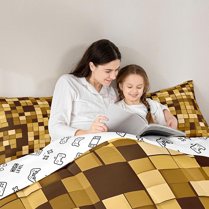 Pixelated Miners Game Kids Bedding Set Queen Size,Geometric Check Video Games Comforter Set，Gamepad Grid Modern Quilt Comforter,Dark Yellow Bedroom Duvet Insert,2 Pillowcases