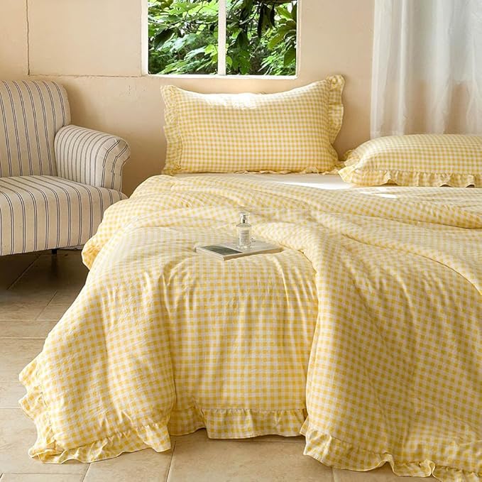 NSNLGSGC Yellow Ruffle Gingham Comforter Set Twin, Pre-Washed Ruffled Plaid Checked Comforter Bedding, 2 Pieces Vintage Farmhouse Grid Bedding Set(Yellow Gingham, Twin)