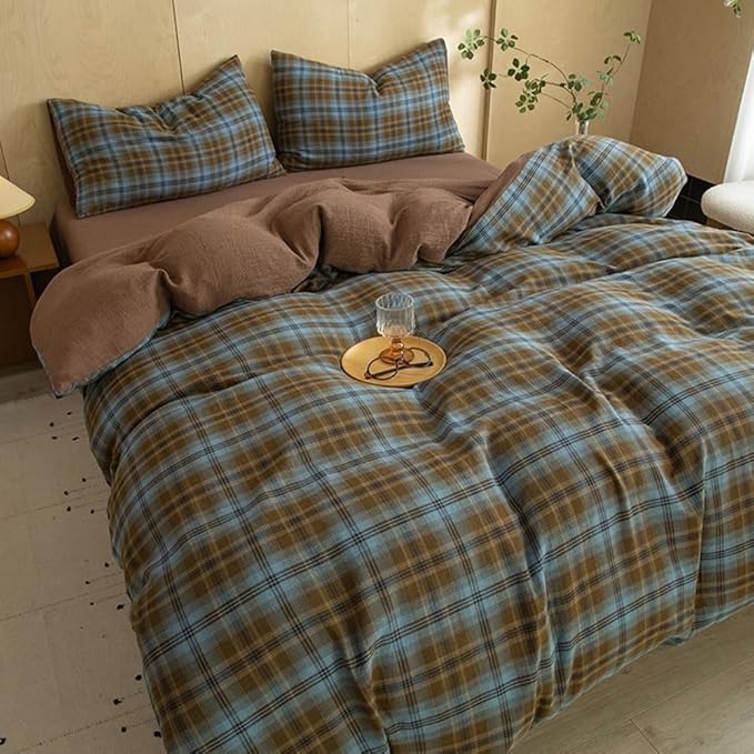 Vintage Blue&Brown Plaid Duvet Cover Full 100% Cotton Muslin Plaid Checkered Grid Bedding Set Breathable Soft Comfy Linen Like Gauze Comforter Cover Farmhouse Gingham Duvet Cover with Zipper Closure