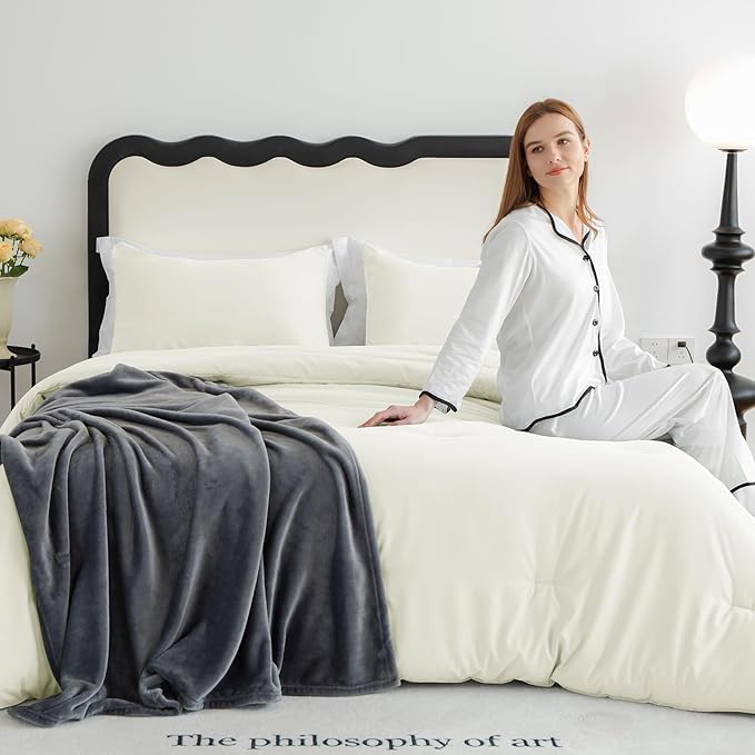 CozyLux Queen Comforter Set Ivory, 3 Pieces Solid Comforters Queen Size Breathable Quilted Bedding Sets, Luxury Soft Lightweight Bed Set with Down Alternative Comforter and 2 Pillowcases All Seasons