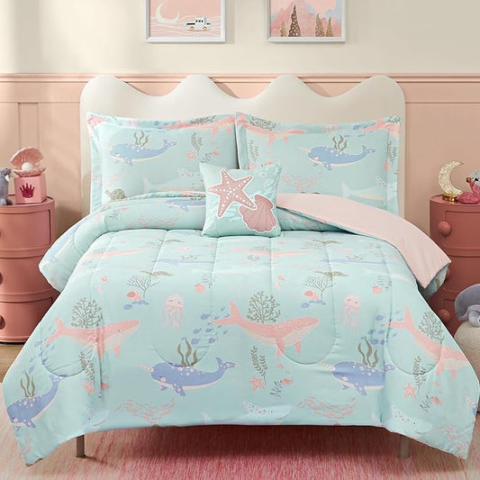 Full Size Comforter Set for Girls-4 Pieces Ocean Animals Glow in the Dark Full Bedding Sets for Kids, 1 Comforter, 2 Shams and 1 Decor Pillow