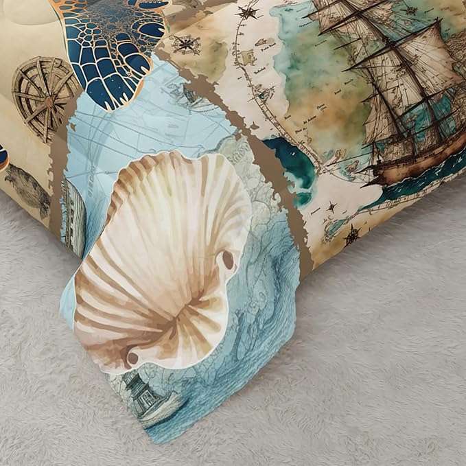 Sea Turtle Comforter Set Full Navigation Theme Bedding Sets 3PCS for Kids Teen Adult Sailboats Room Decor Ultra-Soft Lightweight Microfiber 1 Comforter with 2 Pillowcases