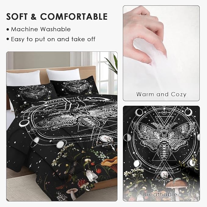 Twin Size Comforter Set with Pillowcase, Moth Dead Moon 2 Pcs Bedding for Kids and Adults, Vintage Mushroom Wildflower Soft Comforter Set for Bedroom Bed Decor