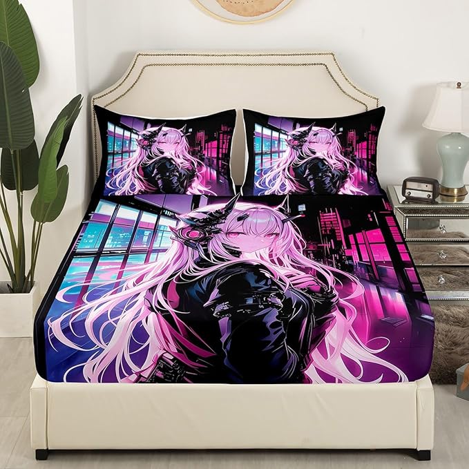 Erosebridal Japanese Anime Fitted Sheet Twin Size, Anime Girl Bedding Set Kawaii Japanese Style Bedding Set Cartoon Japan Animation Bed Set for Boys Teens Adult Women Bedroom Decor
