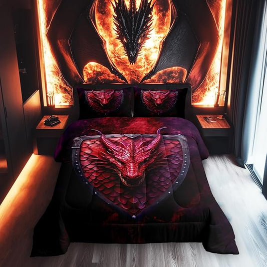 Castle Fairy Dragon Twin Size Comforter Set,3D Wildlife Animals Scales Quilt Set Soft Bed Collection,Western Fierce Animals Bedding Comforter for Boys Girls Room Decor,2 Pcs
