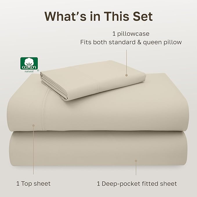 California Design Den Twin Sheets Set - 600 Thread Count, 100% Cotton Sateen, Deep Pocket Twin Bed Sheets, Soft and Durable Bedding Set - Beige