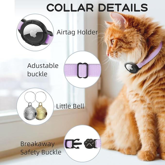 AirTag Cat Collars, Stretchy Collar with Air Tag Holder and Bell | Breakaway - Ultra Design Elastic - GPS Tracking Collars - Adjustable Size for Cats & Puppies 7.5-12.5" - (Purple)