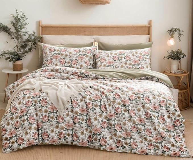 SLEEPBELLA Duvet Cover Set, 600 Thread Count Cotton Pink & Yellow & Beige Floral Pattern Printed on White，Mustard Green Reversible Comforter Cover (Twin, Green Floral)
