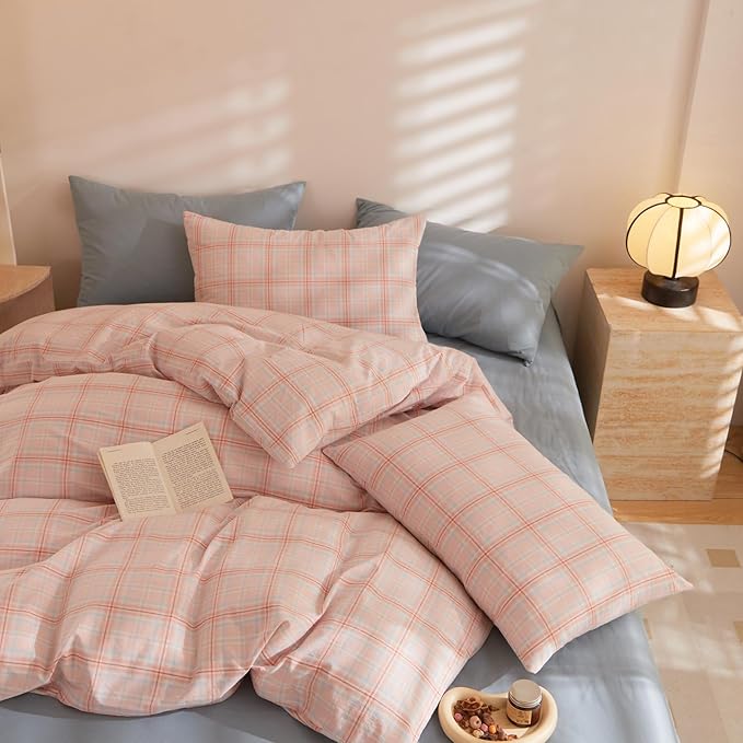 HighBuy Queen Comforter Set Gingham Plaid Boho Chic Bedding Comforter Bed Set Pink Checkered Grid Pattern Soft Fluffy Boho Comforter for Women Girls Queen Bed,Skin Friendly,All Season