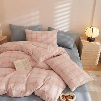 HighBuy Pink Plaid Comforter Set King Fluffy 3 Piece Chic Bohemian Gingham Grid Patchwork Hotel Quality Bedding Comforter Soft Aesthetic for College Teens 1 Boho Comforter with 2 Pillowcases