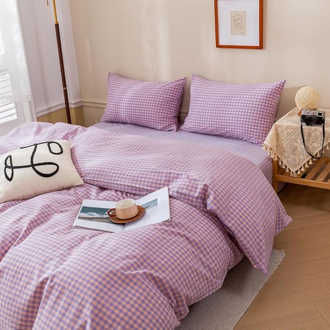 EAVD Purple Gingham Comforter Set Full Soft Mini Checkered Plaid Bedding Set with 2 Pillowcases Modern Reversible Gingham Bedding Set for Boy Women Men Farmhouse Plaid Comforter Set for All-Season